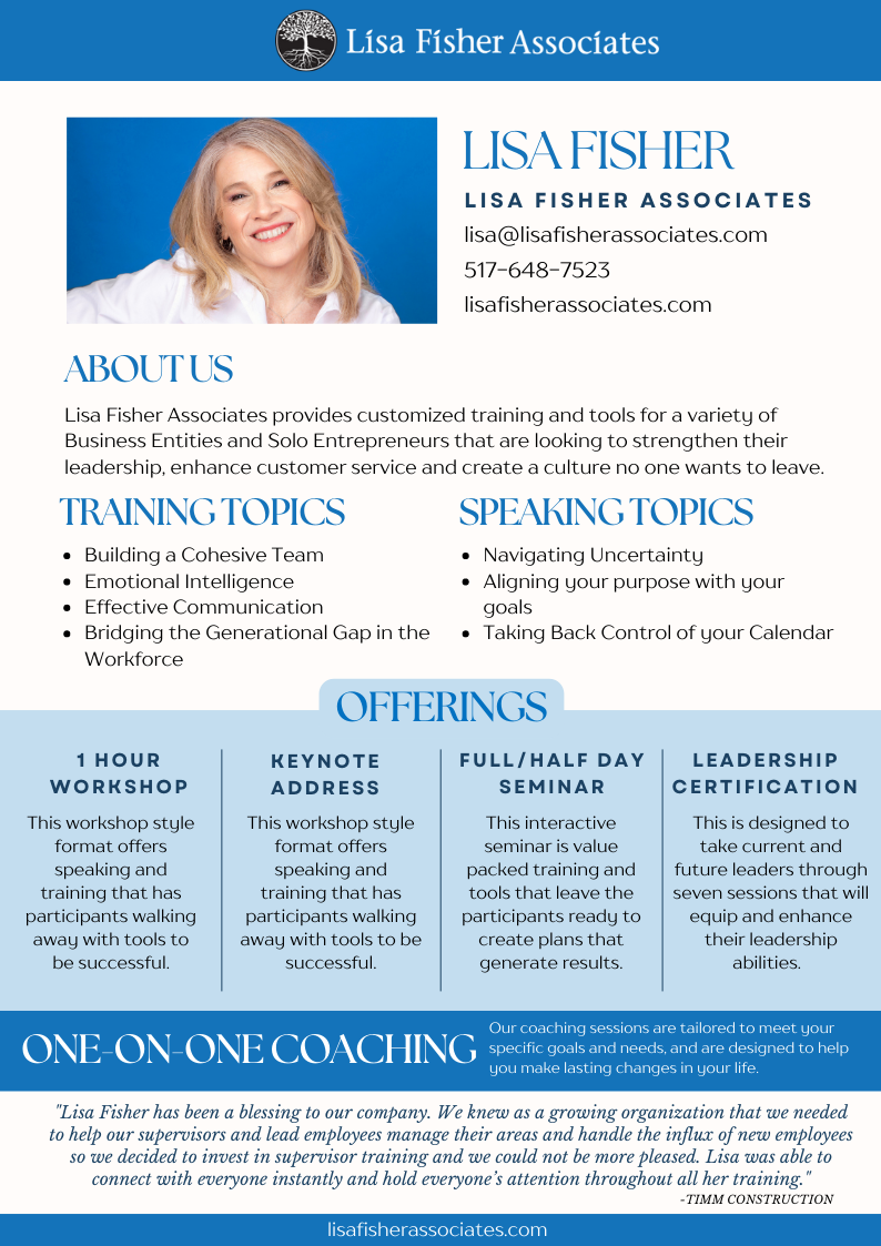 One Sheet for Coach Lisa Fisher | Speaker | Trainer | Coach